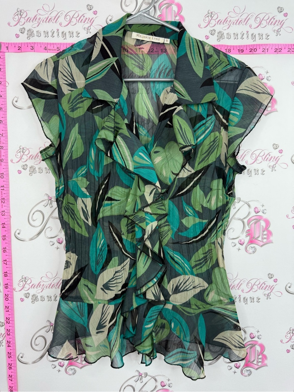 Melanie Lyne shirt Green Leaf Ruffle Front Sheer Blouse